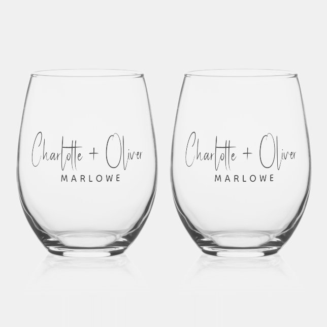 Modern Newlyweds Name Monogram Stemless Wine Glass (Front)