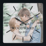 Modern Newlyweds Wedding Photo  Square Wall Clock<br><div class="desc">Modern newlyweds photo wedding photo clock in simple script and serif typography,  with your own photo,  married name,  and wedding date. there is a light tint over the photo so that the type will show up better. Simply upload your photo and customise the text.</div>