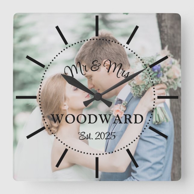 Modern Newlyweds Wedding Photo  Square Wall Clock (Front)