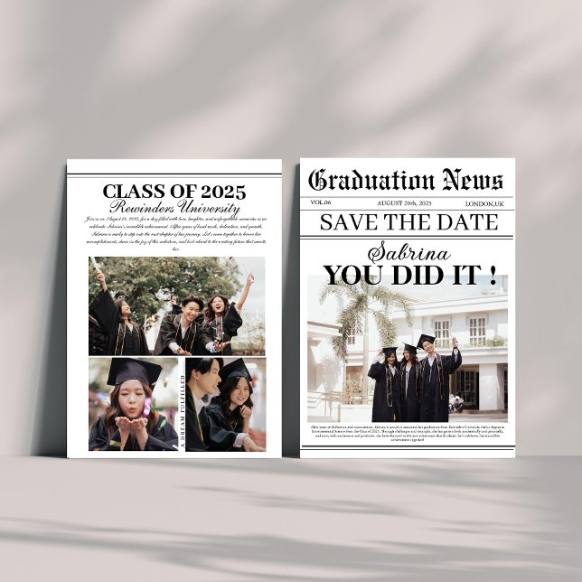 Modern Newspaper graduation unique photo Save The Date (Creator Uploaded)