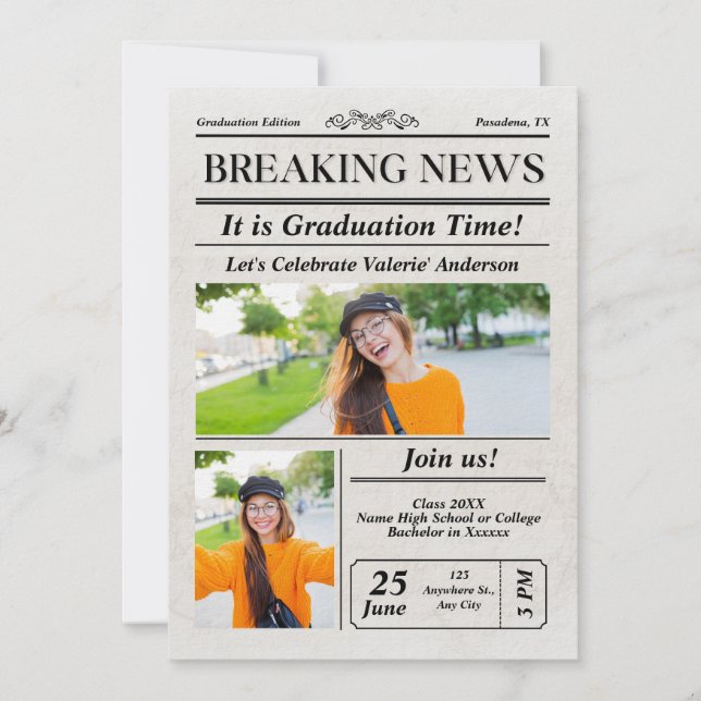 Modern Newspaper Photo Graduation Announcement (Front)