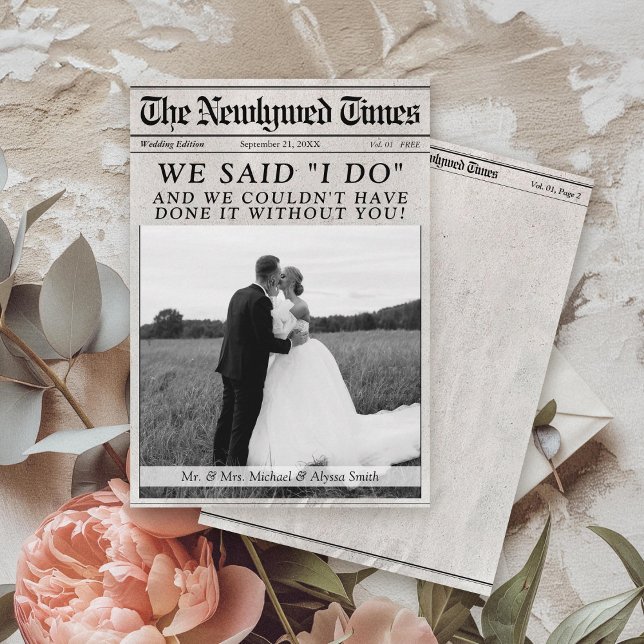 Modern Newspaper Unique Newlywed Wedding Photo Thank You Card (The Newlywed Times Unique black and white wedding photo Newspaper theme modern thank you card)