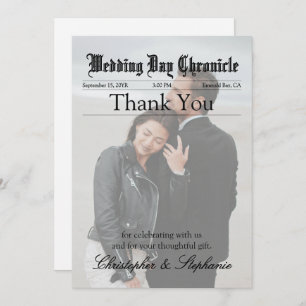 Modern Newspaper Wedding One Photo Elegant Script Thank You Card
