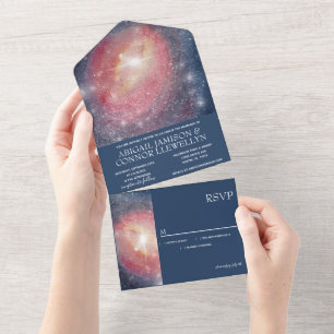 Modern Night Sky Galaxy Blue Purple Red All In One Invitation