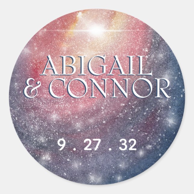 Modern Night Sky Galaxy Blue Purple Red Names Classic Round Sticker (Front)