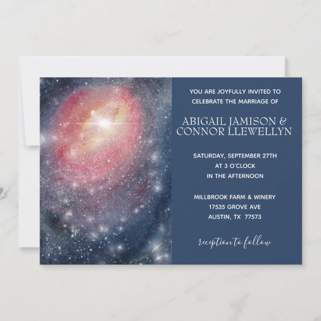 Modern Night Sky Galaxy Blue Purple Red Wedding Invitation (Front)