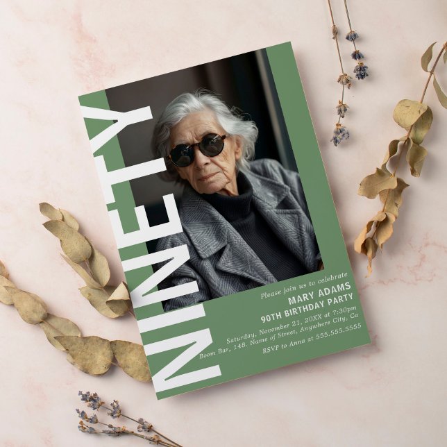 Modern NINETY Photo 90th Birthday Party Invitation (Creator Uploaded)