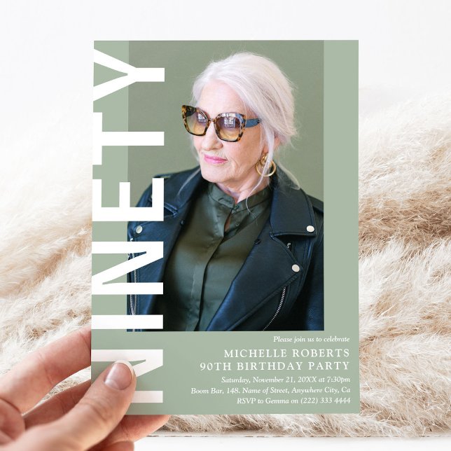 Modern NINETY Photo 90th Birthday Party Invitation (Creator Uploaded)