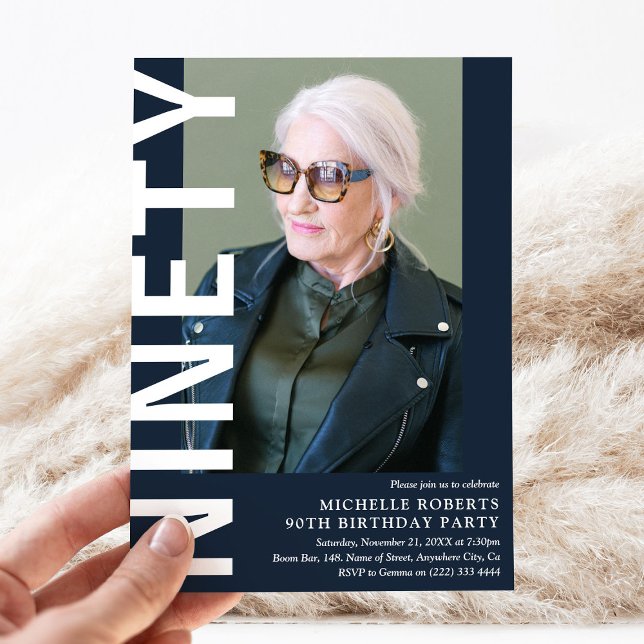 Modern NINETY Photo 90th Birthday Party Invitation (Creator Uploaded)