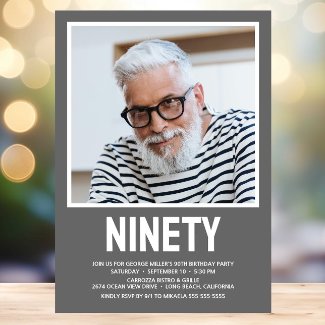 Modern NINETY Photo 90th Birthday Party Invitation (Creator Uploaded)