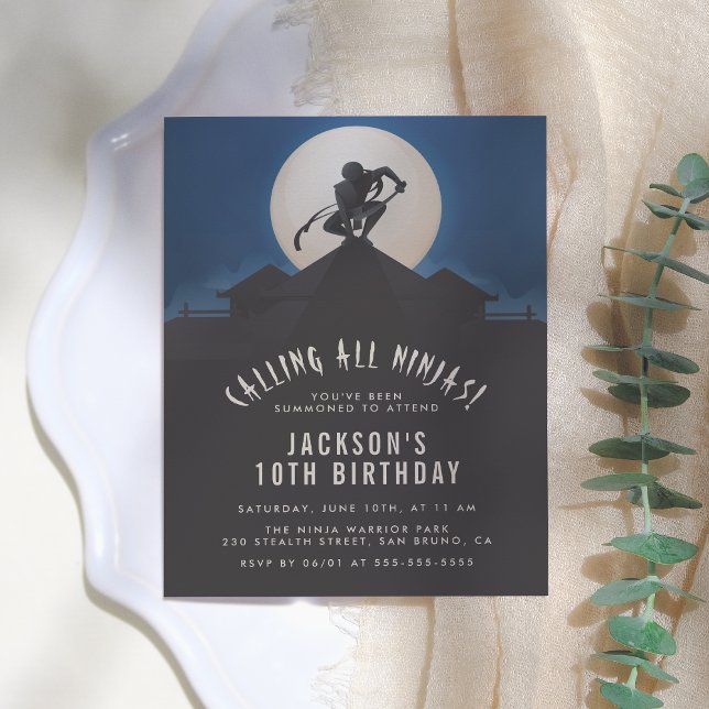Modern Ninja on Roof Top Silhouette Birthday Party Invitation Postcard (Creator Uploaded)