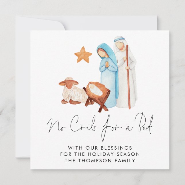 Modern No Crib For Bed Nativity Christmas Card (Front)