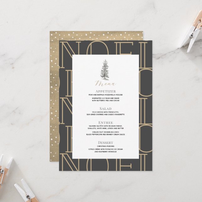 Modern NOEL Pattern Christmas Holiday Party Menu Invitation (Front/Back In Situ)