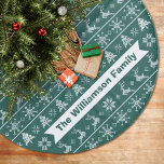 Modern Nordic Knit Ugly Sweater Green White Name Fleece Tree Skirt<br><div class="desc">Celebrate the holiday season in “style” with this modern, Nordic style, ugly sweater knitted pattern, custom name Christmas tree skirt! Cute, whimsical trees, reindeer, and ornaments in white overlay a dusty green background. Personalize with your name or custom greeting. 44” diameter, designed to fit most trees. Machine washable, lay flat...</div>