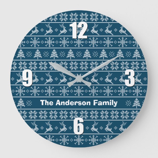 Modern Nordic Knit Ugly Sweater Navy White Name Large Clock (Front)