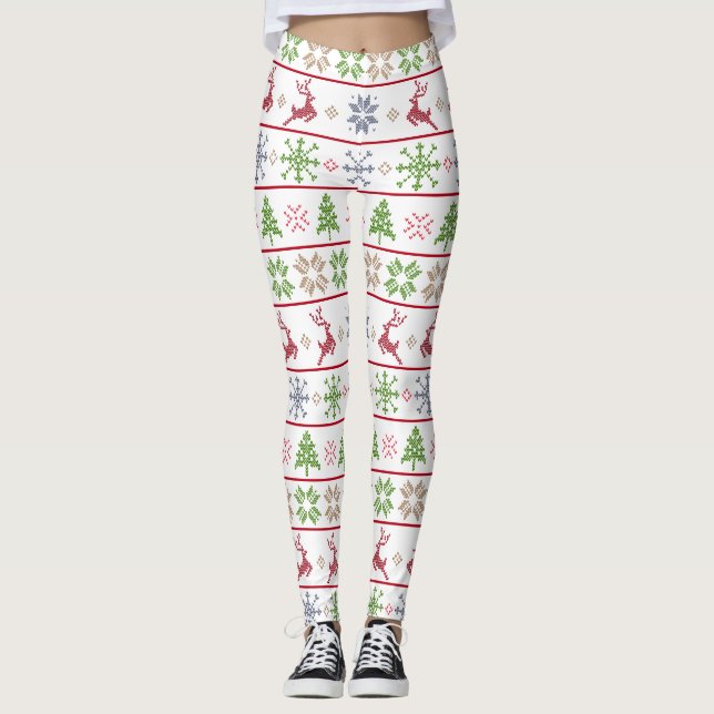 Modern Nordic Knit Ugly Sweater Red Green White Leggings (Front)