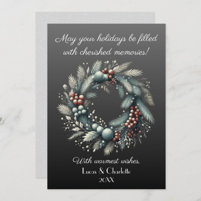 Modern Nordic Style Wreath, Against Grey Backdrop Holiday Card (Front/Back)