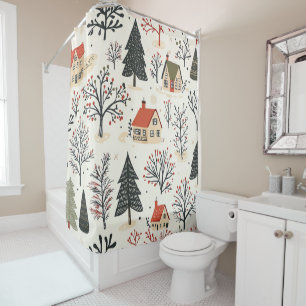 Modern Nordic Winter Cottages Crimson Green Folk Shower Curtain