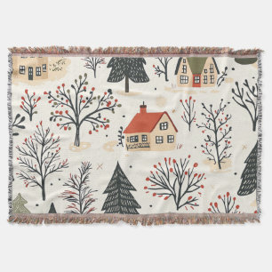 Modern Nordic Winter Cottages Crimson Green Folk Throw Blanket