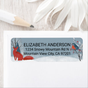 Modern Nordic Winter Red Fox Bullfinch Snow Return Address Label