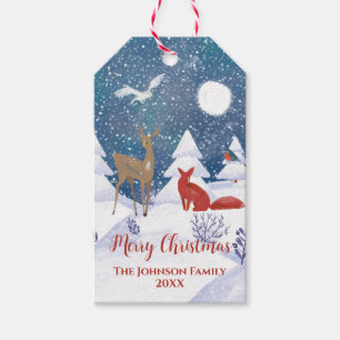 Modern Nordic Winter Snowy Night Fox Deer Birds Gift Tags