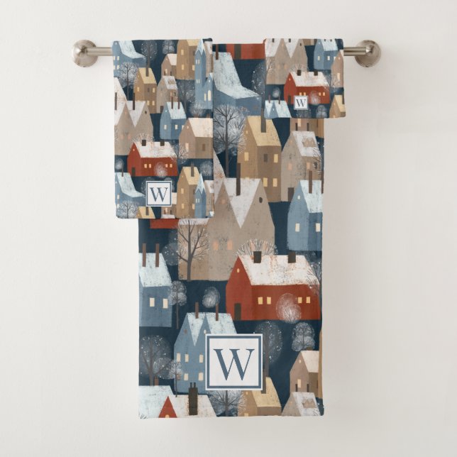 Modern Nordic Winter Town Whimsical Cosy Houses Ba Bath Towel Set (Insitu)