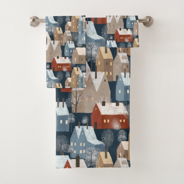 Modern Nordic Winter Town Whimsical Scandinavian Bath Towel Set (Insitu)