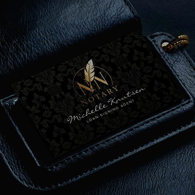 Modern Notary Loan Signing Agent Black Gold Damask Business Card (Creator Uploaded)