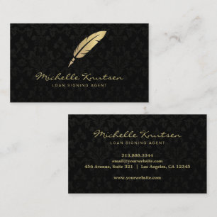 Modern Notary Loan Signing Agent Black Gold Damask Business Card