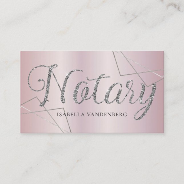 Modern Notary Public Blush Lilac Glitter Geometric Business Card (Front)