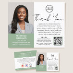 Modern Notary Public Thank You Photo QR Code Green Flyer<br><div class="desc">Express gratitude to clients with personalised thank you flyers! A perfect way to show your appreciation and invite future collaborations. This modern design showcases your photo, along with elegant script lettering. A double-sided template, customised with your logo, a personal message, your credentials, a list of services, accreditation symbols, and a...</div>