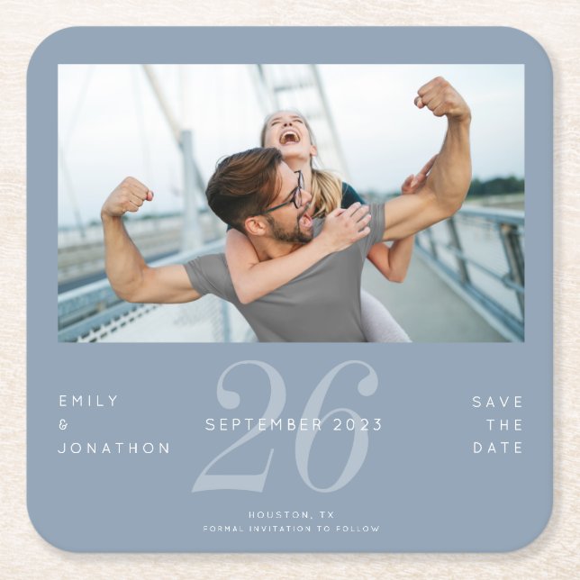Modern Number Date Dusty Blue Photo Save The Date Square Paper Coaster (Front)