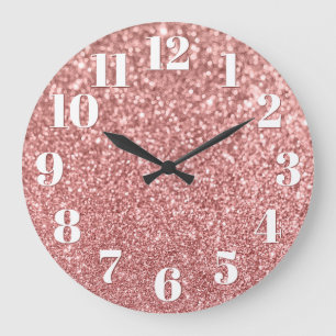 Modern Numbers Faux Sparkly Rose Gold Glitter Large Clock