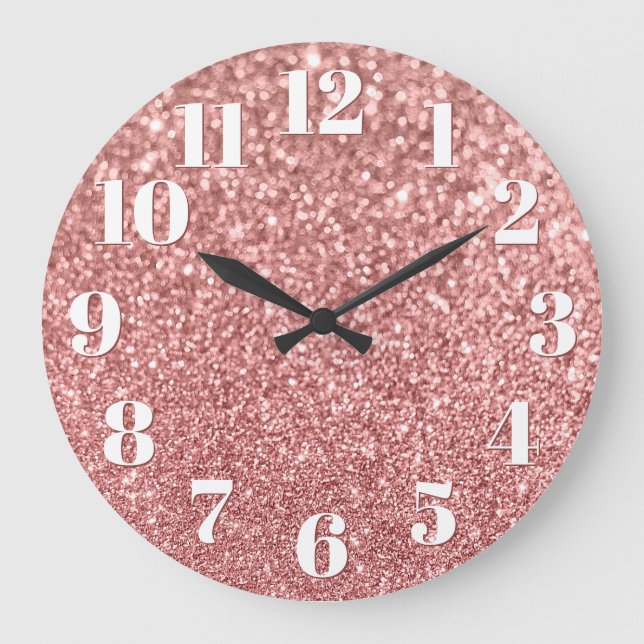 Modern Numbers Faux Sparkly Rose Gold Glitter Large Clock (Front)