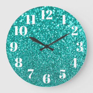 Modern Numbers Faux Sparkly Teal Glitter Photo Large Clock