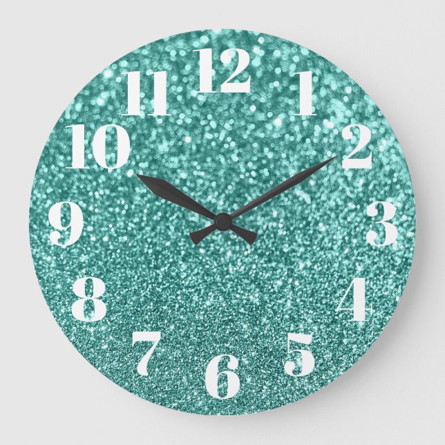 Modern Numbers Faux Sparkly Teal Glitter Photo Large Clock (Front)