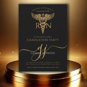 Modern Nurse Graduation Party Gold Script Black Invitation