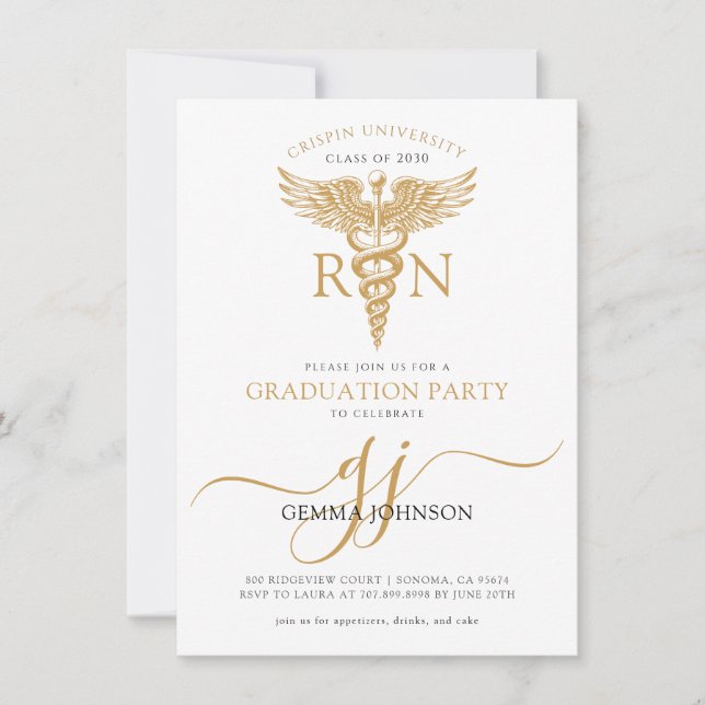 Modern Nurse Graduation Party Gold Script Monogram Invitation (Front)