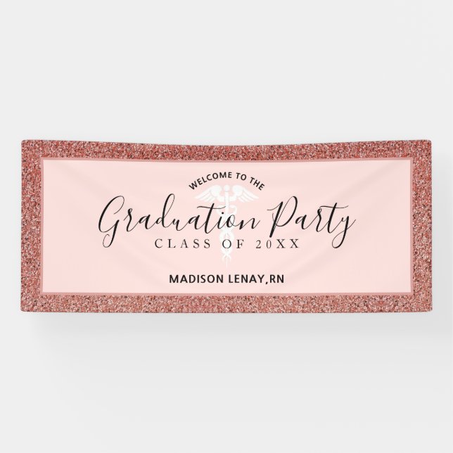 Modern Nurse Graduation Rose Gold Glitter Name Banner (Horizontal)