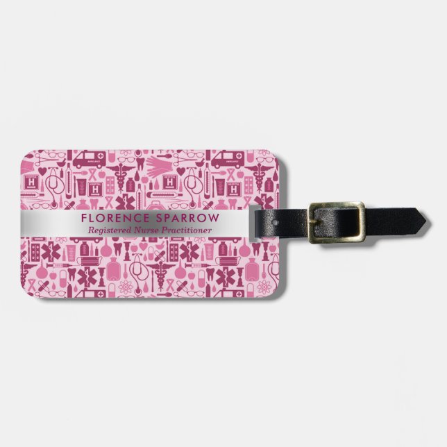 Modern Nurse Nursing Pattern Pink Monogrammed Luggage Tag (Front Horizontal)