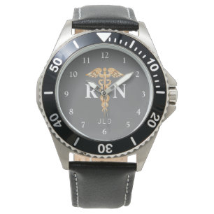 Modern Nurse RN Black Grey Monogram Mens Watch
