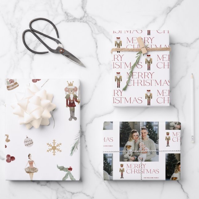 Modern Nutcracker Merry Christmas Photo Holiday Wrapping Paper Sheet (Front)