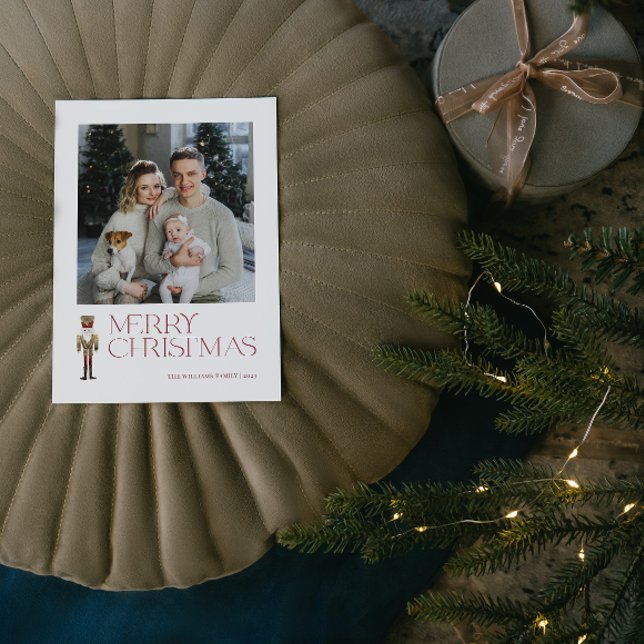 Modern Nutcracker Merry Christmas Photo Typography Holiday Postcard (A Nutcracker Holiday! Wishing You a Merry Christmas in Modern Minimalist Style. 🎄🎭 [Your Photo Her)