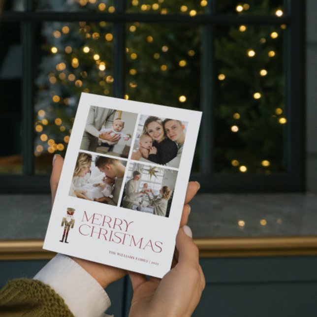 Modern Nutcracker Merry Typography 4 Photo  Holiday Card (A Nutcracker Holiday! Wishing You a Merry Christmas in Modern Minimalist Style. 🎄🎭 )