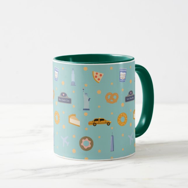 Modern NYC Icons Pattern Turquoise Green Mug (Front Right)
