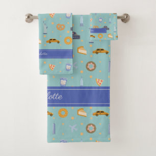 Modern NYC Pattern Turquoise Green Custom Name Bath Towel Set