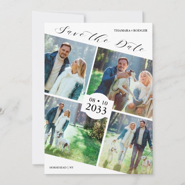 Modern Oblique Design 4 Photos Collage Save The Date (Front)