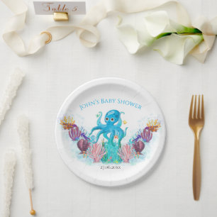 Modern Ocean Baby Octopus Watercolour Colourful P Paper Plate