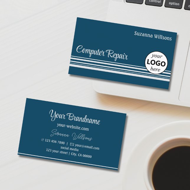 Modern Ocean Blue and Light Grey Stripes with Logo Business Card (Creator Uploaded)
