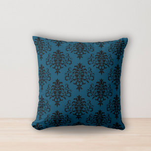 Modern Ocean Blue Black Damask Pattern Cushion